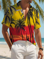 Men's Plant Print Vacation Style Short Sleeve Button-Down Shirt