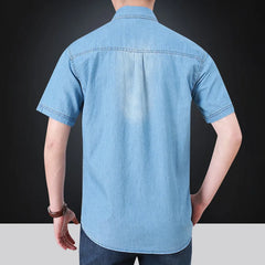 2023 Summer New Simple Polo Collar Men Denim Short Sleeve Shirt