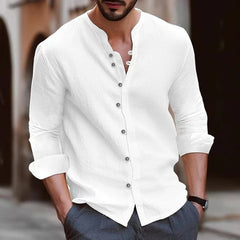 Men Cotton Linen Beach Shirt Stand Collar Social Formal Shirts Blouses