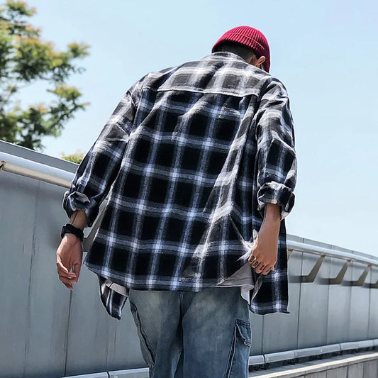 Harajuku Plaid Shirts Men's Spring Autumn Winter High Quality Casual