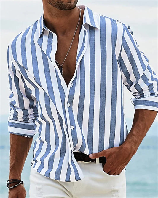 Summer 2023 men's long-sleeved green striped printed shirt men's