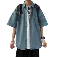 Blue Denim Short Sleeve Shirts Men Summer Thin Korean Fashion Top