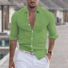 2024 Elegant men's solid color cotton linen long sleeve shirt lapel