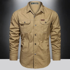 New Autumn Military Style Cotton Pocket Shirt for Men Solid Color Slim