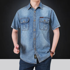 2023 Summer New Simple Polo Collar Men Denim Short Sleeve Shirt