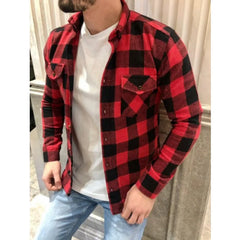 Autumn Casual Plaid Flannel Shirt Men Long-Sleeved Chest Two Pocket