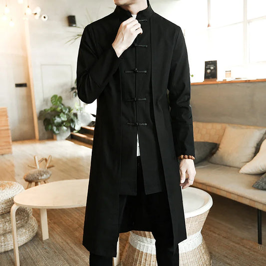 Trench Coat Men Fake two Pieces Cardigan Kimono Embroidered Coat Male