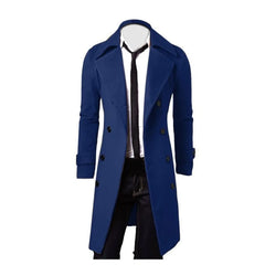 Mens Double Breasted Trench Coat Wool Blend 2023 Autumn Winter Solid