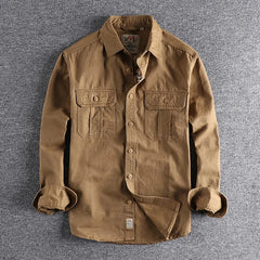 Safari Style Male Shirts Tops Pure Cotton Work Clothes Multi Pocket