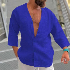 Men's Summer Waffle Casual Cardigan Loose Casual 3/4 Sleeve Shirt