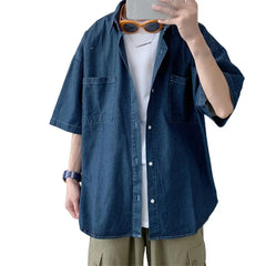 Blue Denim Short Sleeve Shirts Men Summer Thin Korean Fashion Top