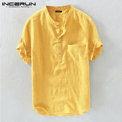 INCERUN Summer Casual Men Shirts Stand Collar Solid Cotton Blouse