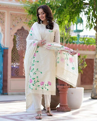 Women Floral Handpainted Straight Kurta Palazzo With Dupatta Indian