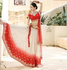 Red Wedding New Indian Dance Dress Ethnic Style Embroidered Lengha Set