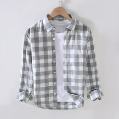 Men Clothing 2022 Autumn New Japanese Style Fresh Plaid Long-sleeved