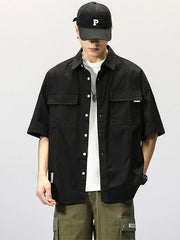 Summer Japanese Cargo Short Sleeve Shirt Men's Pockets Button