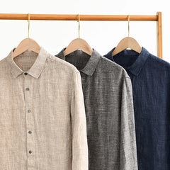 100% Pure Linen Shirts for Men Long Sleeve Casual Turn-down Collar