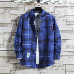 Men's Casual Plaid Shirt Polyester Long Sleeve Lapel Plaid Casual