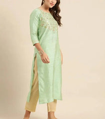 Indian Women Shirt Long Blouse Spring Green Embroidery Kurta Long