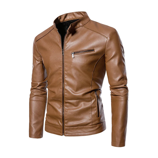 2022 PU Casual Leather Jacket Men Fleece Motorcycle Biker Slim Fit