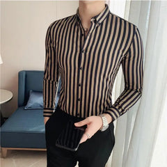 2023 Spring Shirts Men Dress Vertical Stripe Shirts Slim Men Casual