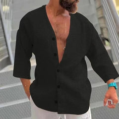 Men's Summer Waffle Casual Cardigan Loose Casual 3/4 Sleeve Shirt