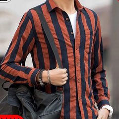 Spring Autumn New Fashion Striped Shirt Man Turn-down Collar Long