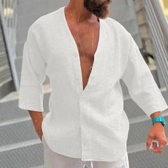 Men's Summer Waffle Casual Cardigan Loose Casual 3/4 Sleeve Shirt