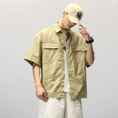 Summer Japanese Cargo Short Sleeve Shirt Men's Pockets Button