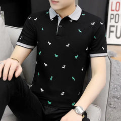 Fashion Lapel Button All-match Printed Polo Shirts Men Clothing 2024