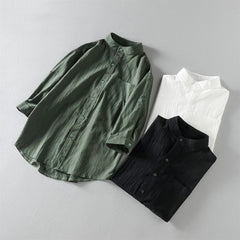 Cotton Linen Cropped Short Sleeved Shirt for Men's 2024 Summer Loose