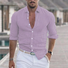 2024 Elegant men's solid color cotton linen long sleeve shirt lapel