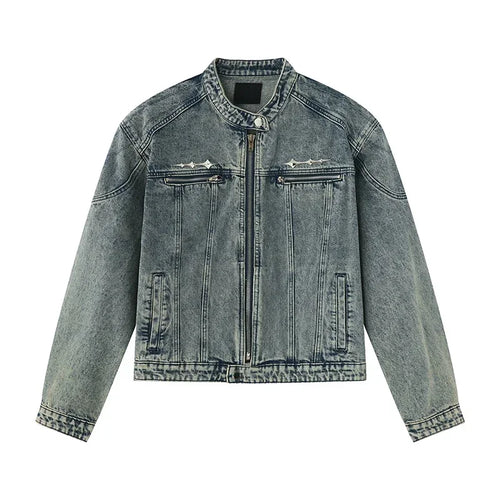 Men's Denim Jacket Metal Design Distressed Washed Cropped Jean Jackets