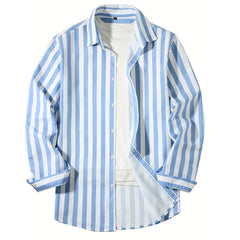 New Men's Long Sleeve Blue White Striped Shirt Fashion Standard-fit