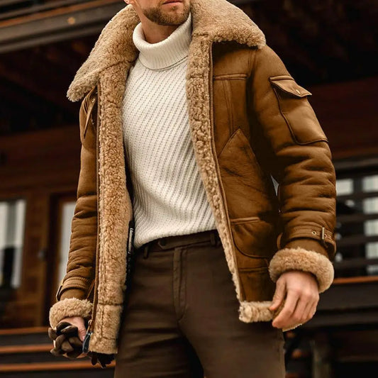 Men Plus Size Winter Coat Lapel Collar Long Sleeve Padded Leather