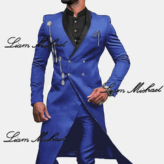 Indian Style Men's Suit 2 Piece Long Jacket Pants Wedding Groom Tuxedo