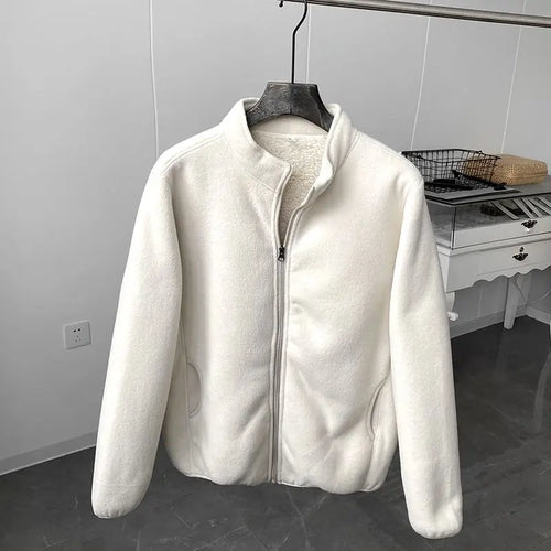 Winter Fleece Jacket Solid Color Sherpa Casual Coat Thick Warm Stand