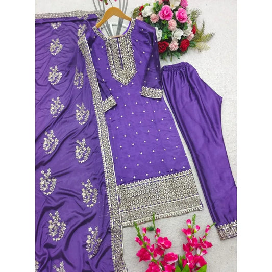 Lavender Blue Kurta Pants Dupatta Pure Cinon Silk Embroidered Workwear