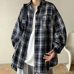 Lapel Collar Shirt Jacket Retro Plaid Print Men's Shirt Coat Long