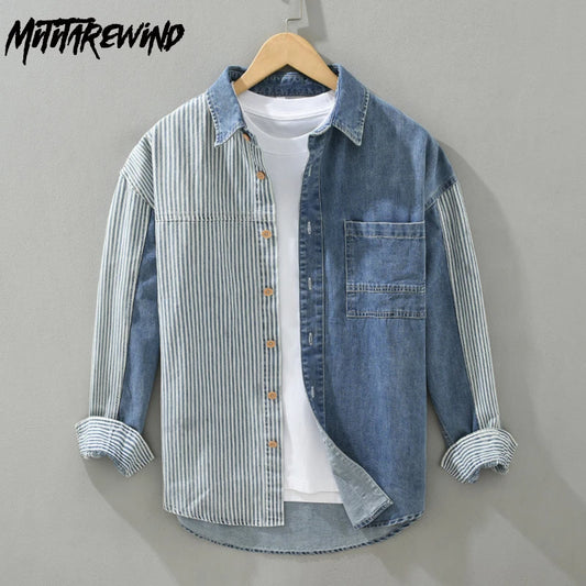 New Men's Denim Shirts Spring High Street Loose Long Sleeves Jean Tops