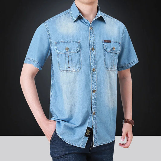 2023 Summer New Simple Polo Collar Men Denim Short Sleeve Shirt