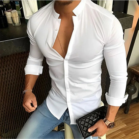 Bababuy Men's Long Sleeve Shirts Casual Streetwear Stand Collar Shirts