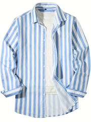 New Men's Long Sleeve Blue White Striped Shirt Fashion Standard-fit