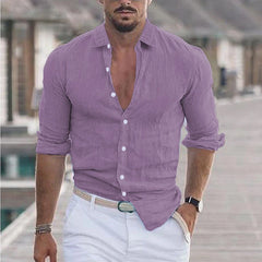 New Men Casual Cotton Linen Shirts Turn-down Collar Solid Color Long