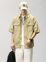 Summer Japanese Cargo Short Sleeve Shirt Men's Pockets Button