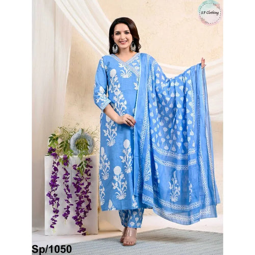 Women Party Wear Kurti Pant Blue Color Printed Kurta Palazzo with