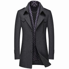 Winter Men's Woolen Coats Fashion Thicken Mid Length Trench Solid Turn