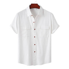 Cotton Linen Solid White Shirts for Men Summer Double Pocket Short