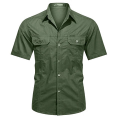 Summer Streetwear Men's Button Pure Cotton Military Polo Dress Shirt