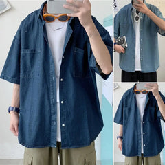 Blue Denim Short Sleeve Shirts Men Summer Thin Korean Fashion Top